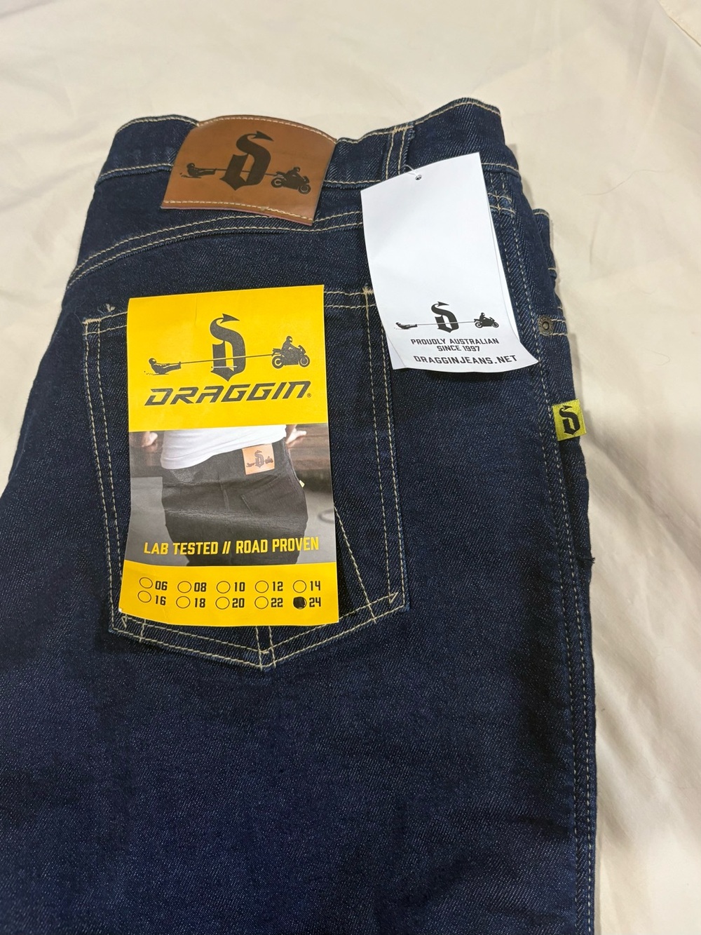 Draggin Jeans Kevlar Motorcycle Pants NWT Size 24 Blue Denim CE AA Rated prEN 17